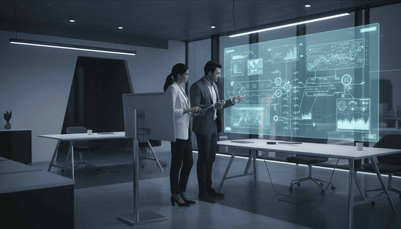 Team collaborating with AI workflow interface in modern corporate workspace