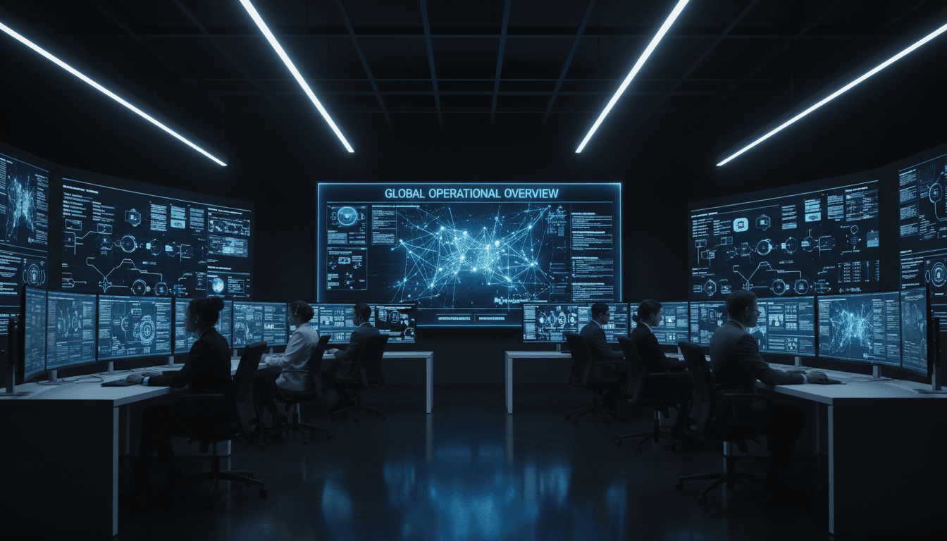 Enterprise AI command center with team monitoring secure autonomous workflows on multiple displays
