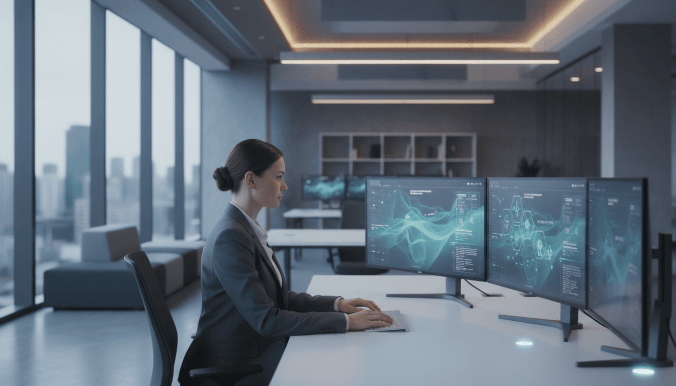 Professional workplace with AI dashboard interface and digital collaboration tools